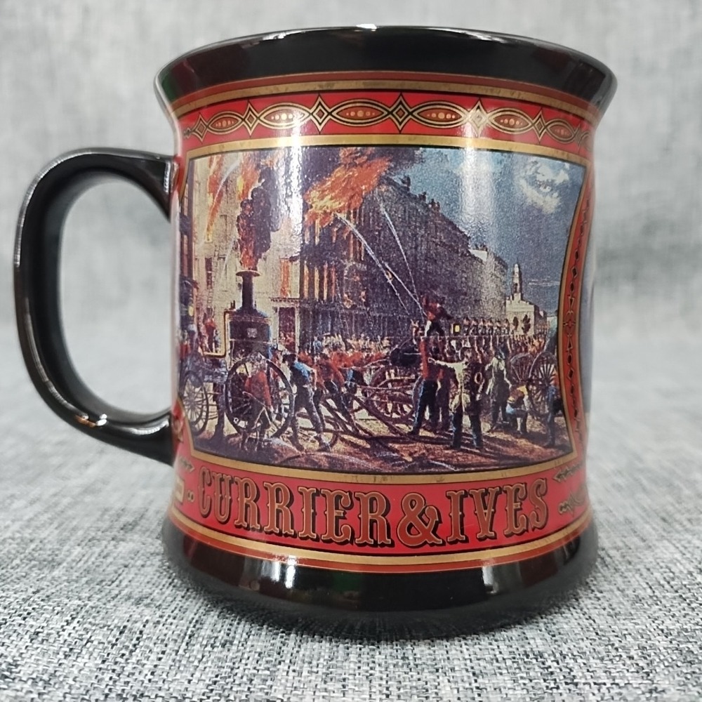 NOS VTG Set Of 2 Enesco Currier & Ives Firefighters Mug Museum Of New York City - Picture 2 of 13